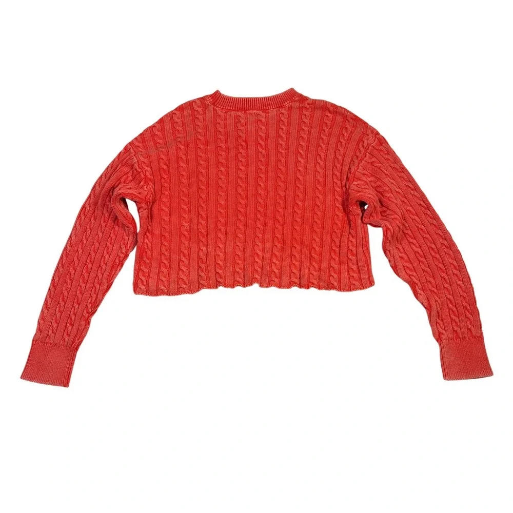 Aerie Women XL Coral Orange Cable Knit Cropped Sweater 100% Cotton Long Sleeve